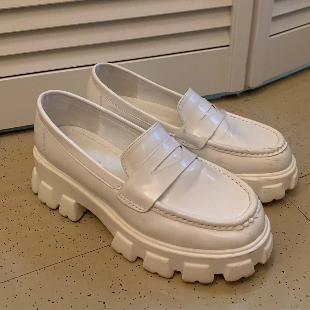 white platform leather loafers